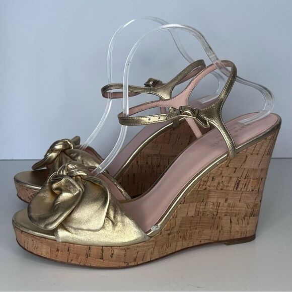 Kate Spade Janae Gold Bow Cork Wedge Sandal Size 10 - Picture 2 of 11